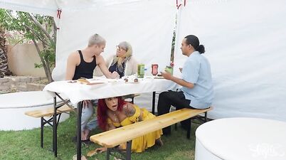 Love-In At The Cookout - Indicent Redhead Shemale Foxxy Seduces Stepson at Barbecue party