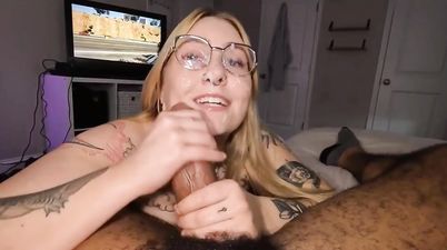 Nerd PAWG worships BBC Interracial blowjob