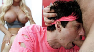 Gym Threesome with Twink and Busty Blonde Tranny at Transsensual - TS Sweat Slut Licks Pretty Pits For Bear Fuck - Adam X Lee