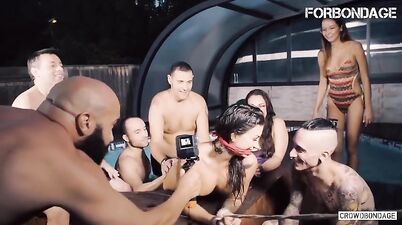 Gagged Spanish Brunette Susy Gala Rides Hard Cock In Group BDSM Sex In The Pool